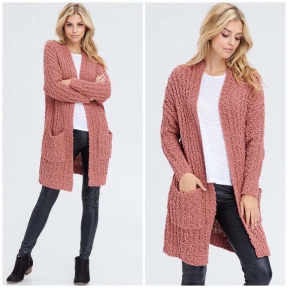 Sweaters - SOLD OUT Soft Mauve Knit Textured Popcorn Long Cardigan Sweater W/ Pockets